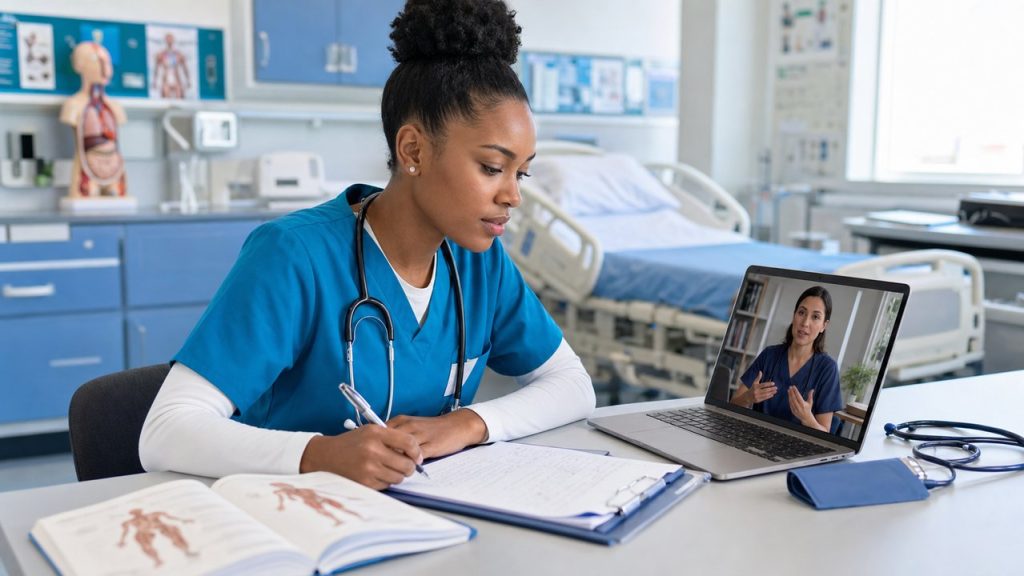 Nursing student working on a care plan with an online tutor