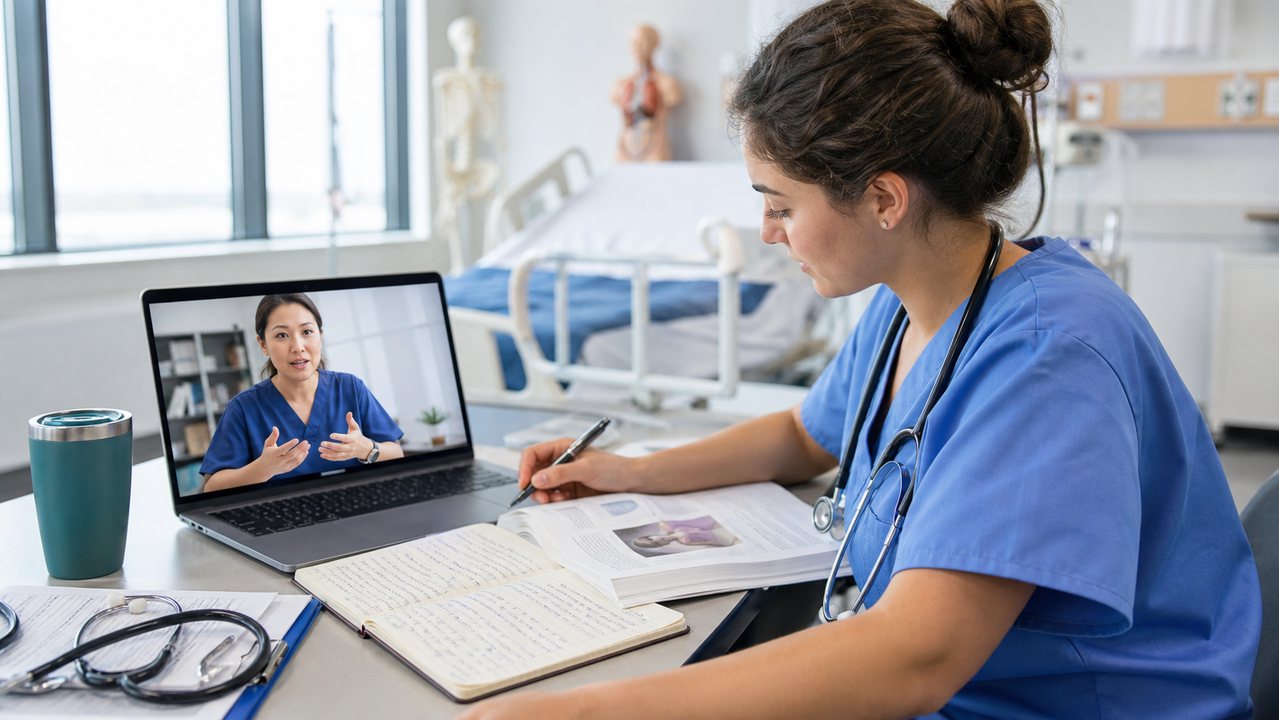 Nursing student receiving online homework tutoring in a clinical skills lab