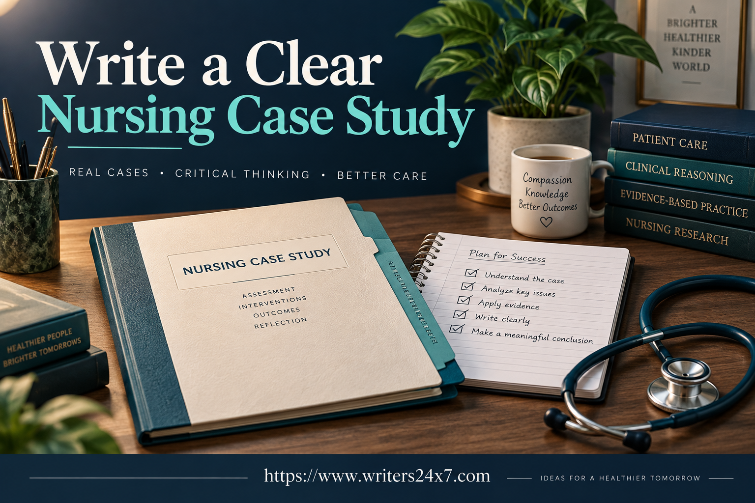 Nursing case study folder beside a structured academic writing checklist