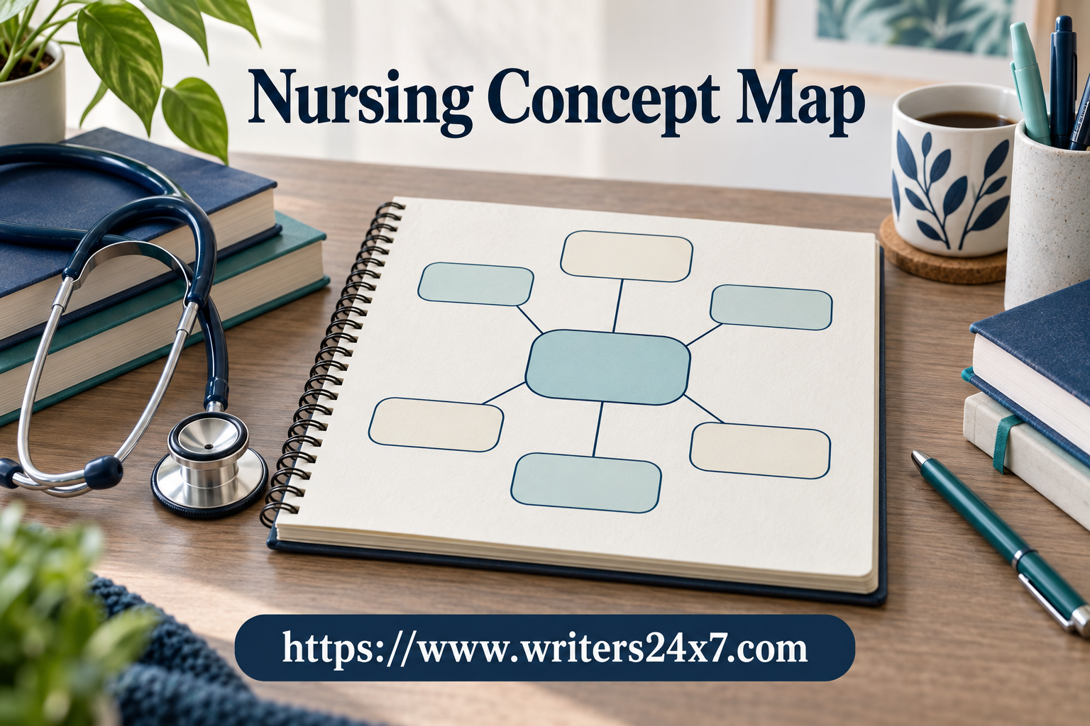 nursing concept map assignment — Nursing Concept Map guide: connected blank concept nodes in a nursing study notebook