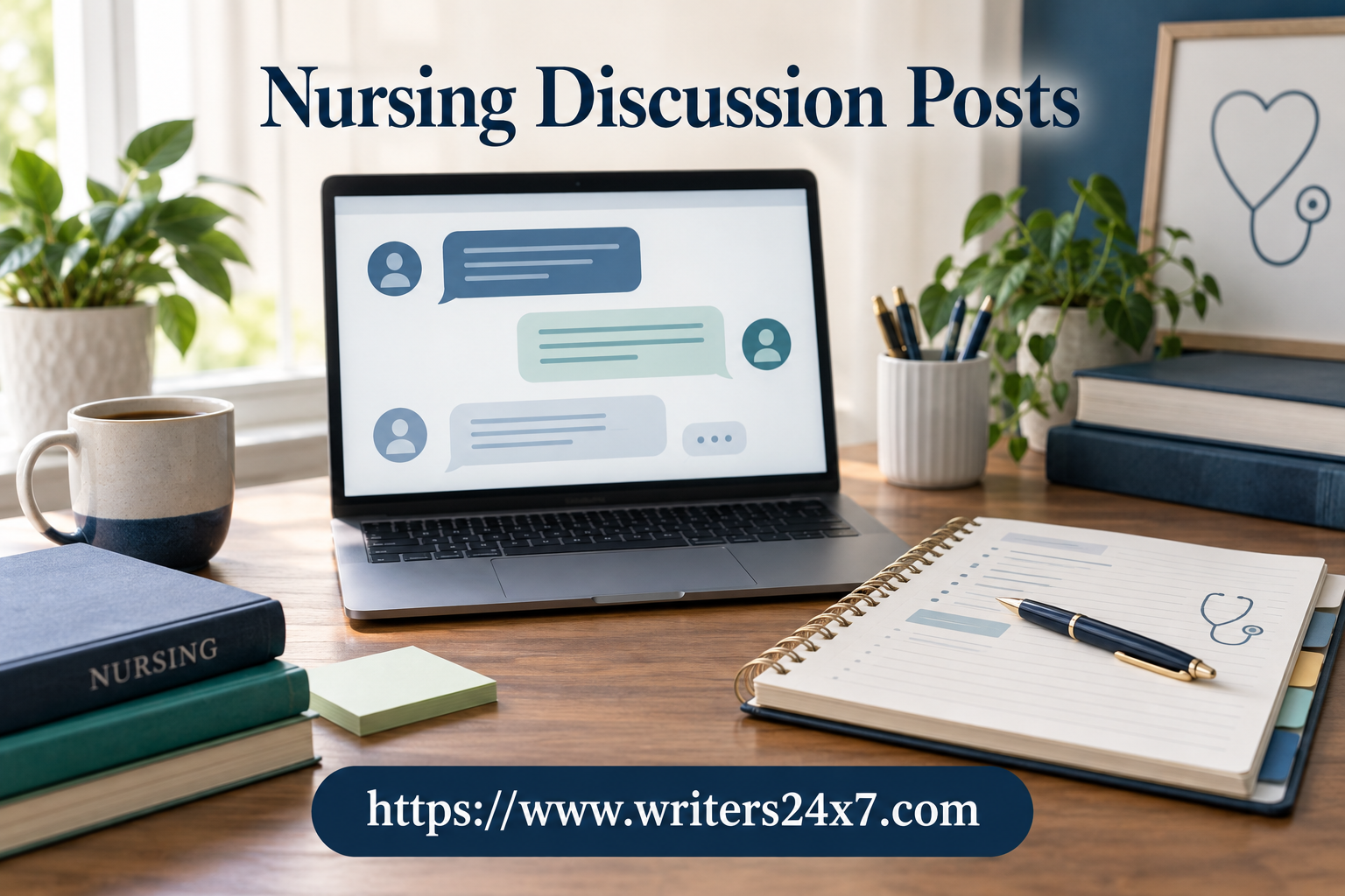 nursing discussion post — Nursing Discussion Posts guide: laptop with abstract discussion bubbles beside nursing study notes