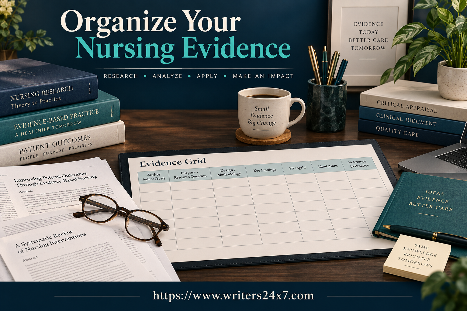 Nursing evidence table on a desk with research papers and books