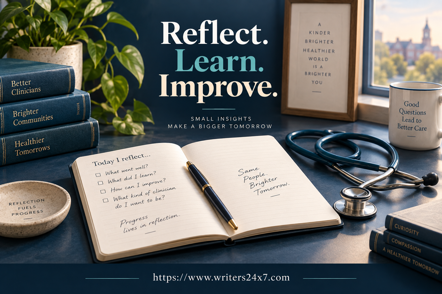 Nursing reflective writing journal with reflection prompts and a stethoscope