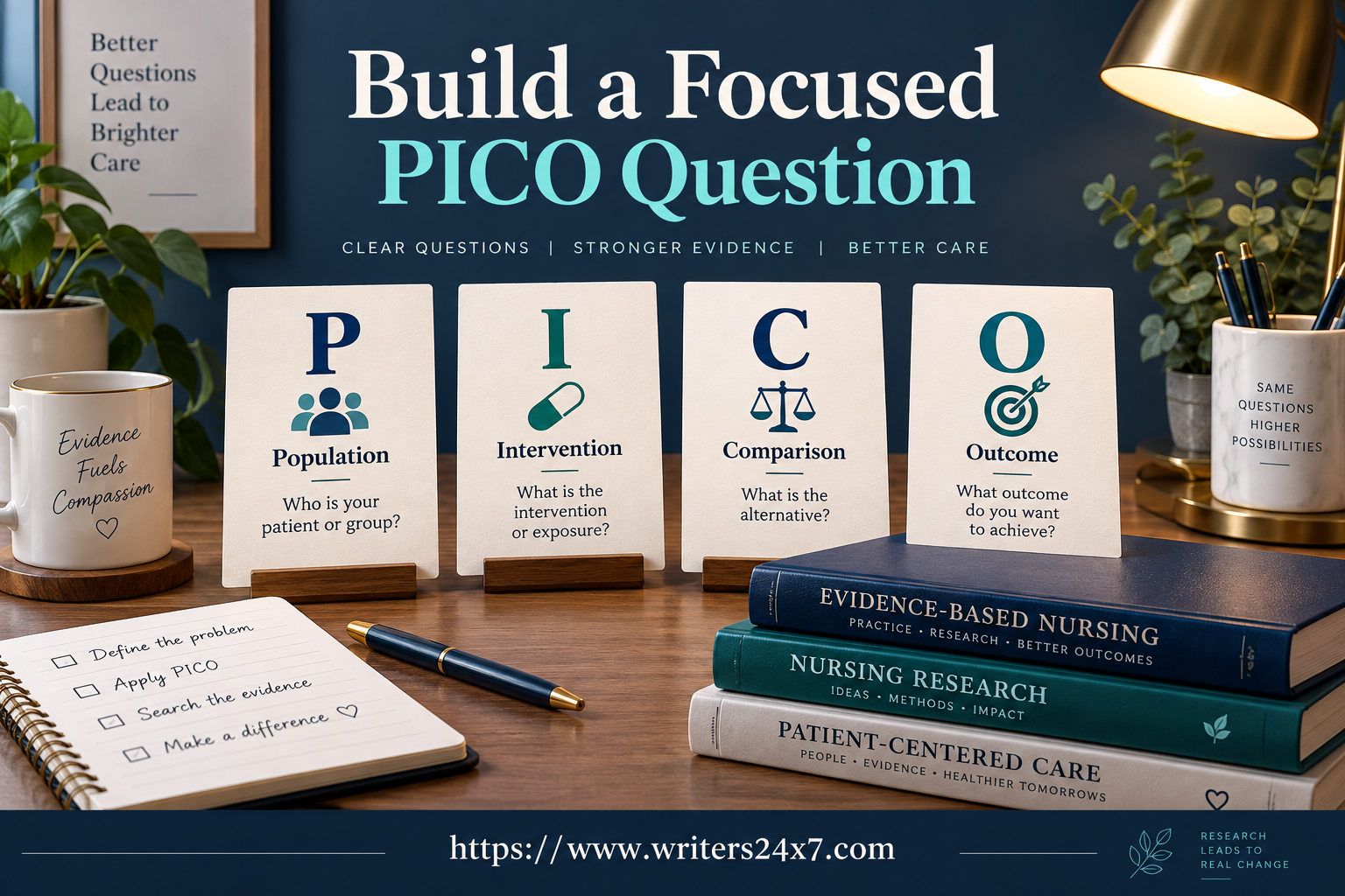 PICO question cards showing population, intervention, comparison, and outcome