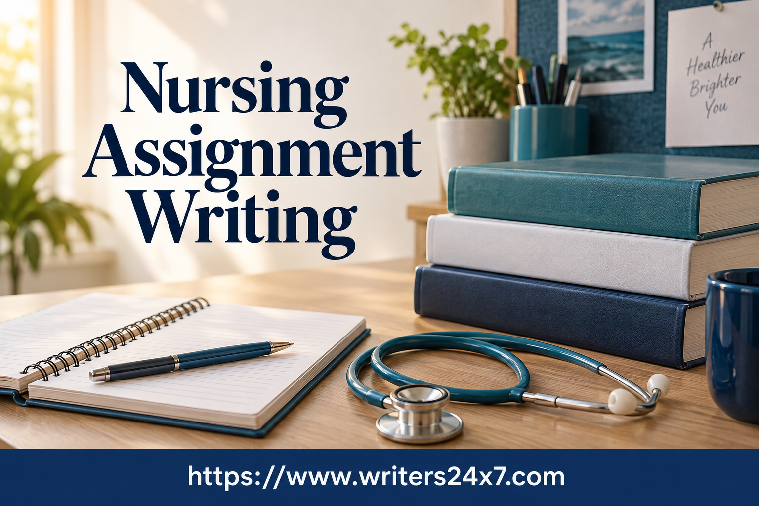 Nursing assignment writing desk with textbooks, a notebook, and a stethoscope, branded with the Writers24x7 website.