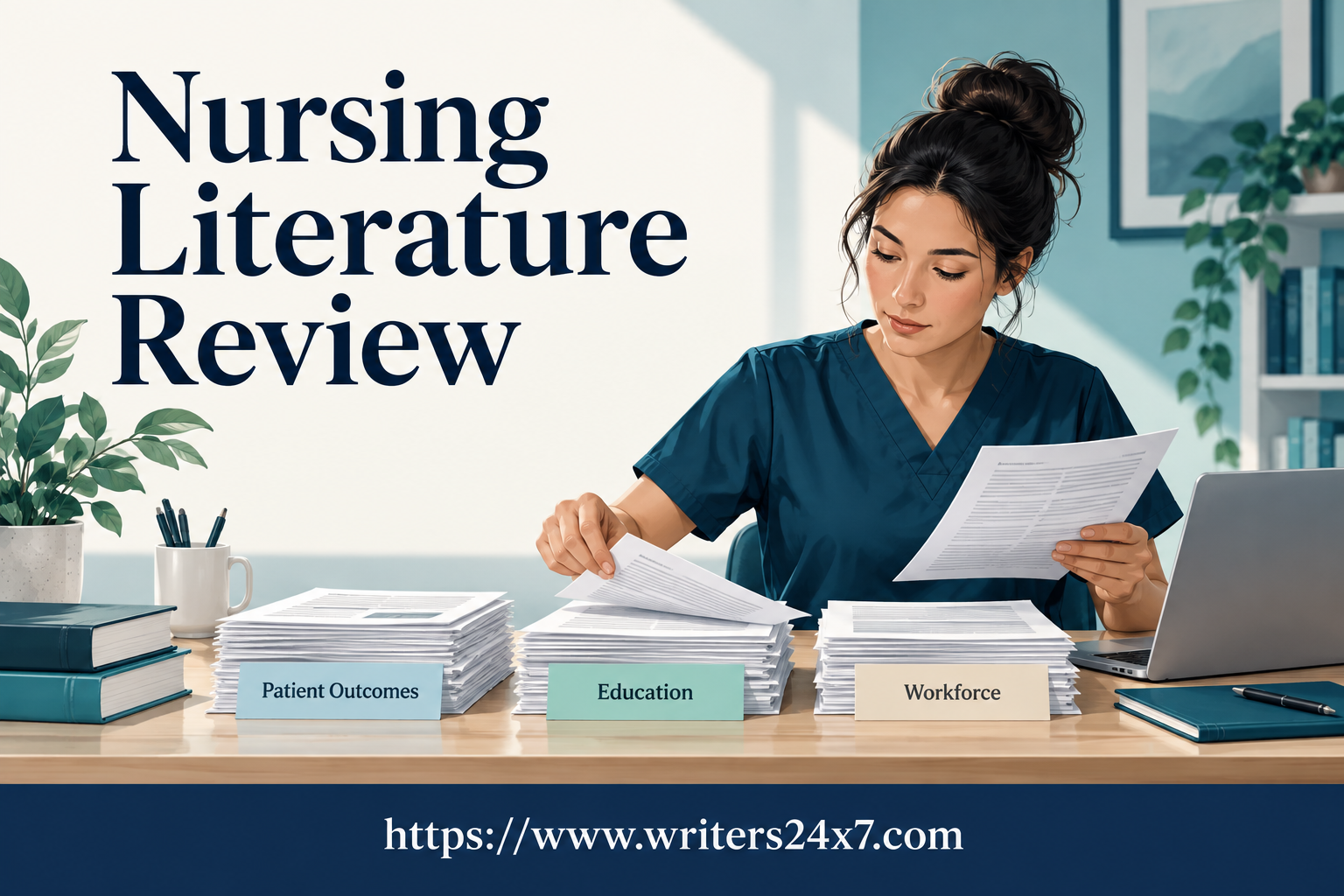 Nursing literature review illustration showing a researcher organizing papers by theme, branded with Writers24x7.