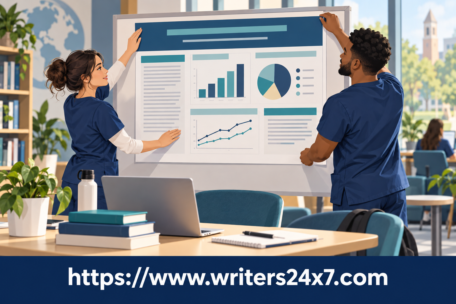 A student designing a nursing research poster, branded with https://www.writers24x7.com.